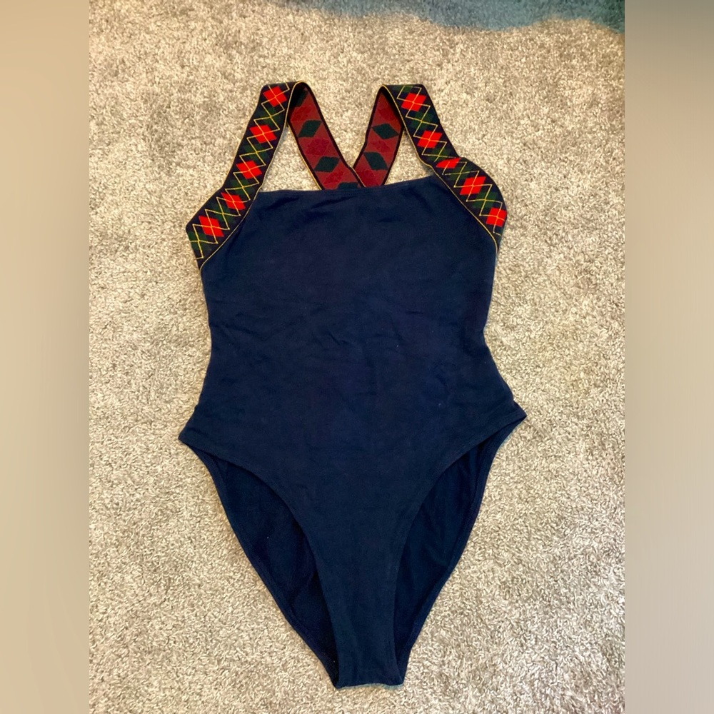 New with Tags Liz Claiborne Bodysuit, Navy w/ Plaid Straps, Large (12-14), Lycra